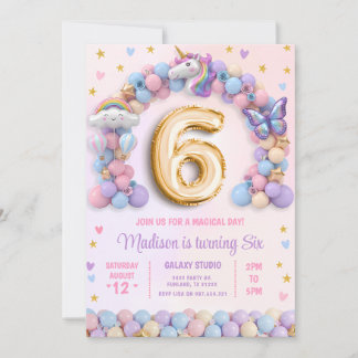 Pastel Rainbow Unicorn 6th Birthday Invitation