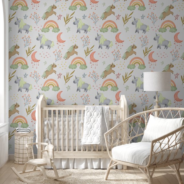 Pastel Rainbow Unicorn Baby Nursery Wallpaper (Kids)