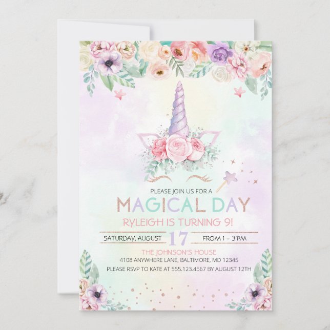 Pastel Rainbow Unicorn Birthday Invitation (Front)