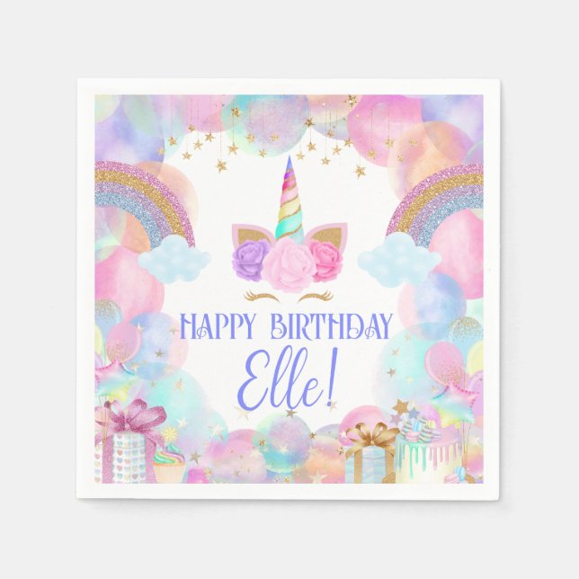 Pastel Rainbow Unicorn Birthday Party Napkin (Front)