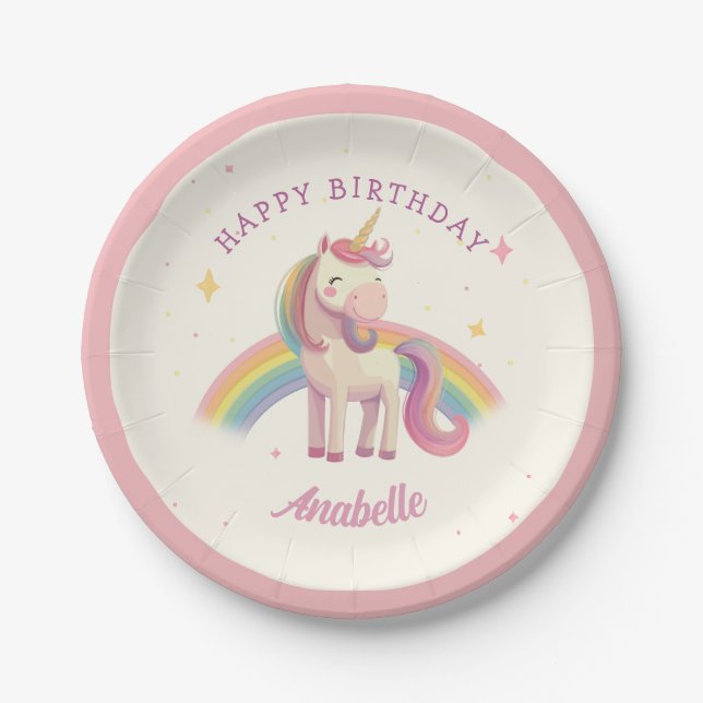 Pastel Rainbow Unicorn Birthday Party Paper Plate (Front)