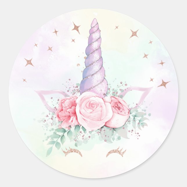 Pastel Rainbow Unicorn Birthday Round Sticker (Front)
