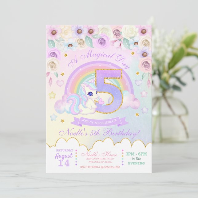Pastel Rainbow Unicorn Fifth Birthday Invitation (Standing Front)