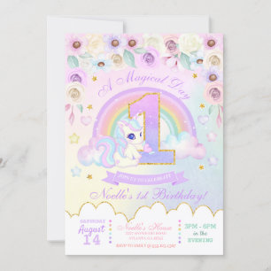 Pastel Rainbow Unicorn First Birthday Invitation