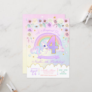 Pastel Rainbow Unicorn Fourth Birthday Invitation