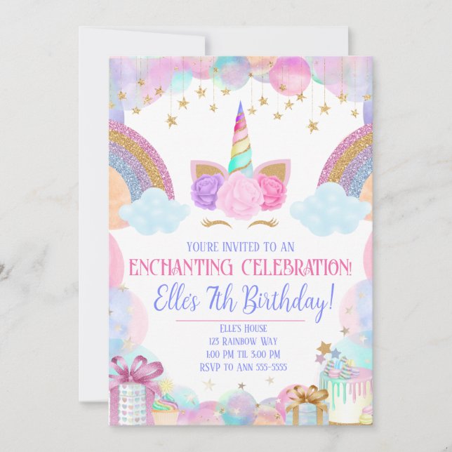 Pastel Rainbow Unicorn Girls Birthday Invitation (Front)