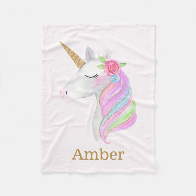 Pastel Rainbow Unicorn Girls Personalised Name Fleece Blanket (Front)