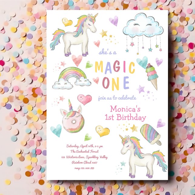 Pastel rainbow unicorn magic one birthday invitation (Creator Uploaded)