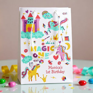 Pastel rainbow unicorn magic one birthday medium gift bag