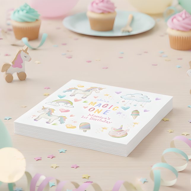 Pastel rainbow unicorn magic one birthday napkin (Creator Uploaded)