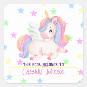 Pastel rainbow unicorn name bookplate square sticker