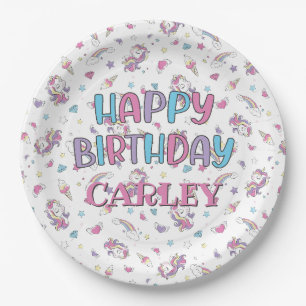 Pastel Rainbow Unicorn Pattern Happy Birthday Paper Plate