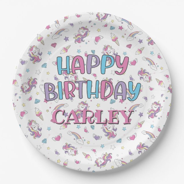Pastel Rainbow Unicorn Pattern Happy Birthday Paper Plate (Front)