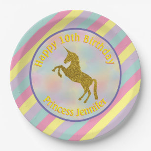 Pastel Rainbow Unicorn Personalised Birthday Paper Plate