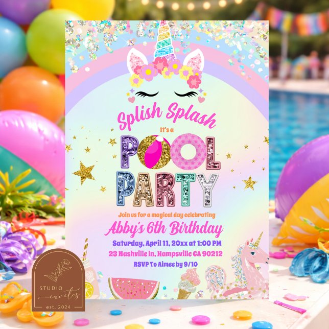 Pastel Rainbow Unicorn Pool party Invitation (Creator Uploaded)