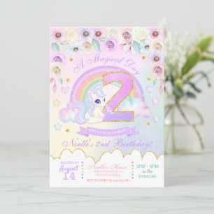 Pastel Rainbow Unicorn Second Birthday Invitation
