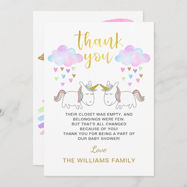 Pastel Rainbow Unicorn Twin Baby Shower Thank You Card (Front/Back)