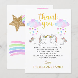 Pastel Rainbow Unicorn Twin Baby Shower Thank You Card