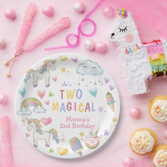 Pastel rainbow unicorn two magical birthday paper plate (Party)