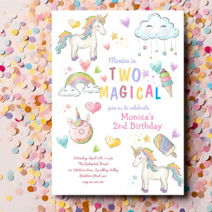 Pastel rainbow unicorn two magical second birthday invitation