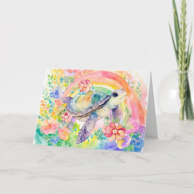 Pastel Rainbow Watercolor Floral Sea Turtle Card (Front)