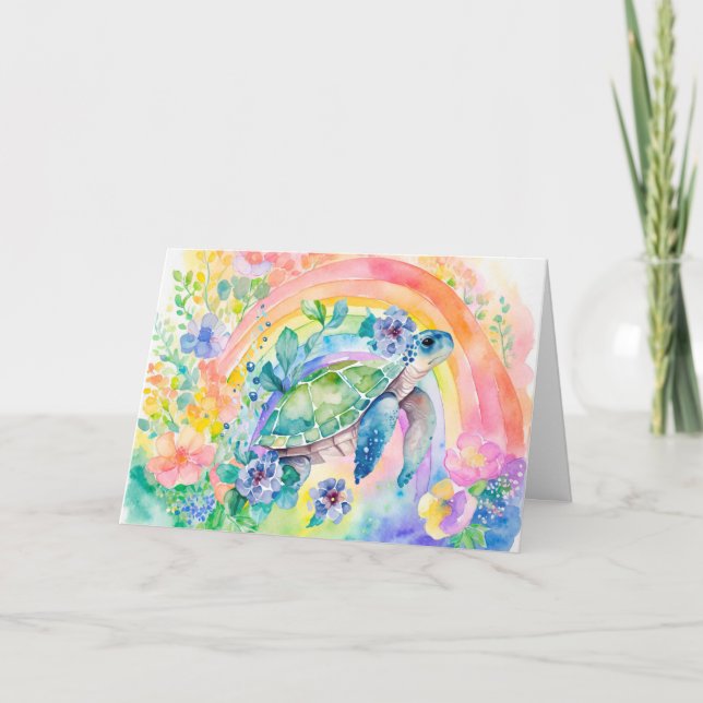 Pastel Rainbow Watercolor Floral Sea Turtle Card (Front)