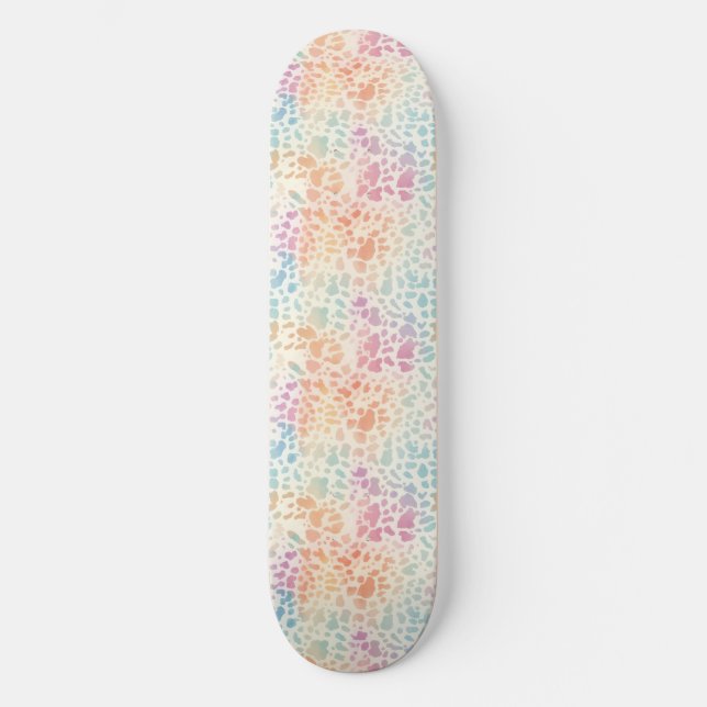 Pastel Rainbow Watercolor Leopard Print Skateboard (Front)