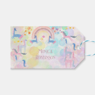 Pastel rainbow watercolor unicorn kids birthday gift tags