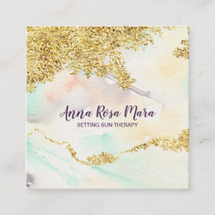 *~* Pastel Rainbow Watercolor Washes Gold Glitter Square Business Card