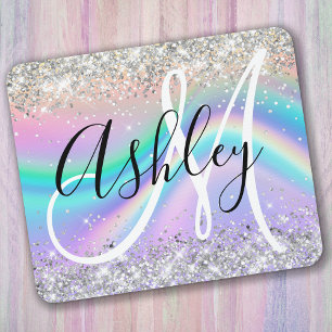 Pastel Rainbow Wave Ombre Silver Glitter Monogram Mouse Mat