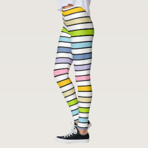 Pastel Rainbow, White and Black Stripes Leggings