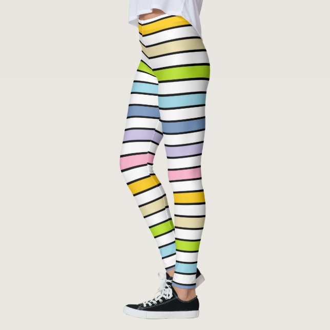 Pastel Rainbow, White and Black Stripes Leggings (Left)