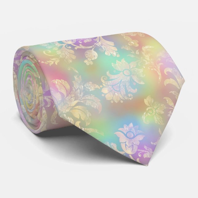 Pastel Rainbow  with Gold Flourish Neck Tie (Rolled)