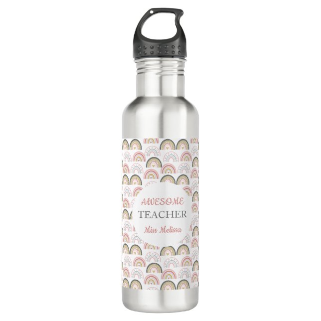 Pastel Rainbow With Heart Pattern Awesome Teacher  710 Ml Water Bottle (Front)