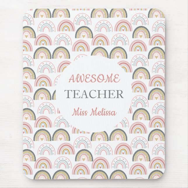 Pastel Rainbow With Heart Pattern Awesome Teacher  Mouse Mat (Front)