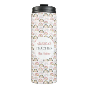 Pastel Rainbow With Heart Pattern Awesome Teacher  Thermal Tumbler