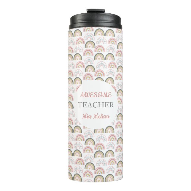 Pastel Rainbow With Heart Pattern Awesome Teacher  Thermal Tumbler (Front)