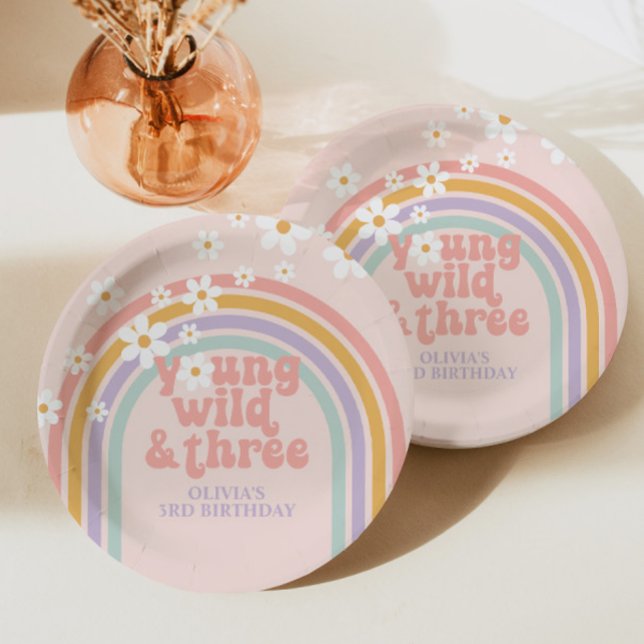 Pastel rainbow young Wild three 3rd birthday Paper Plate (Creator Uploaded)