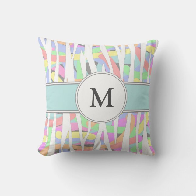 Pastel Rainbow Zebra Print Custom Monogram Cushion (Front)