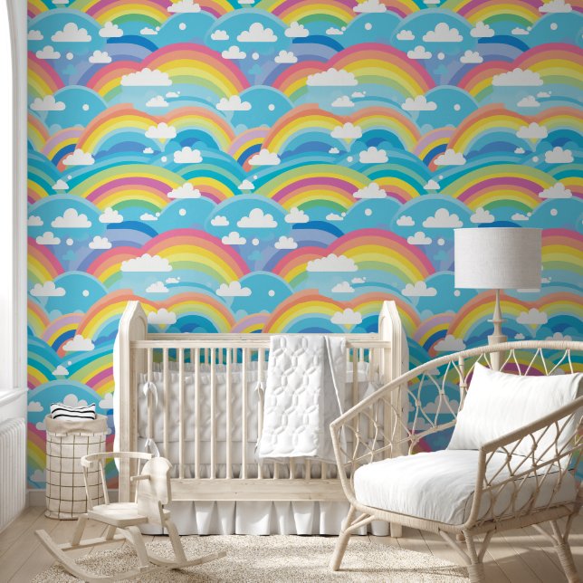 Pastel Rainbows and Clouds Nursery Wallpaper (Kids)