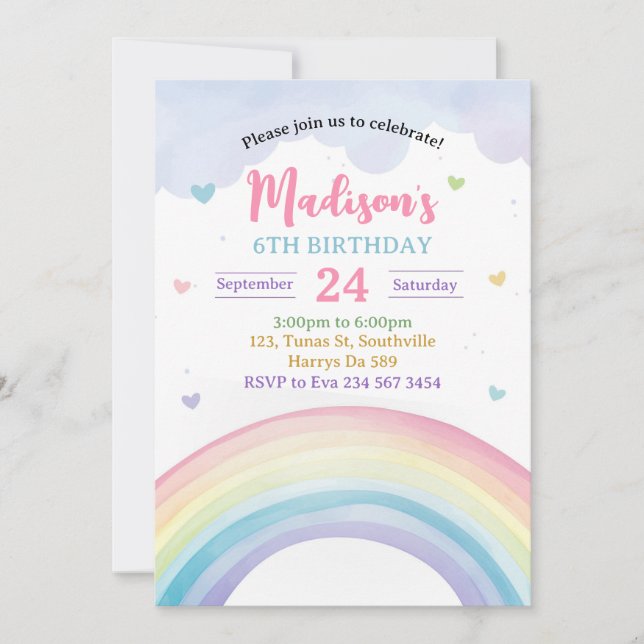 Pastel Rainbows and Hearts Birthday Invitation (Front)