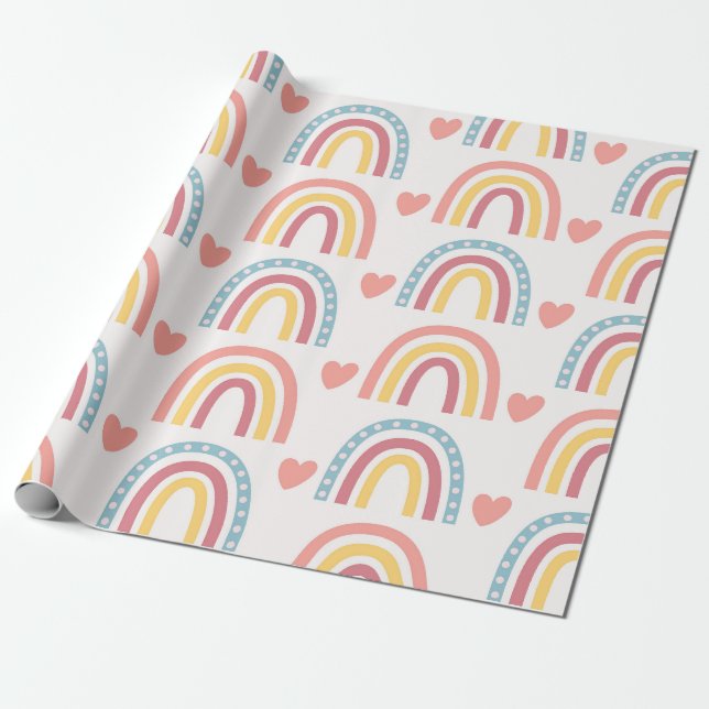 Pastel Rainbows and Hearts Pattern Wrapping Paper (Unrolled)