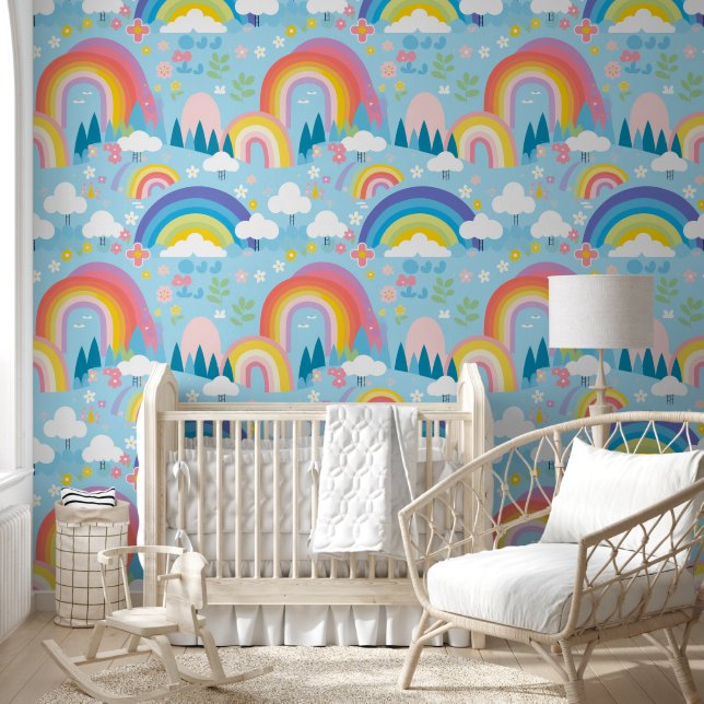 Pastel Rainbows Flowers and Clouds Nursery Wallpaper (Kids)