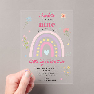 Pastel Rainbows Girl Wildflowers Hearts Birthday Acrylic Invitations
