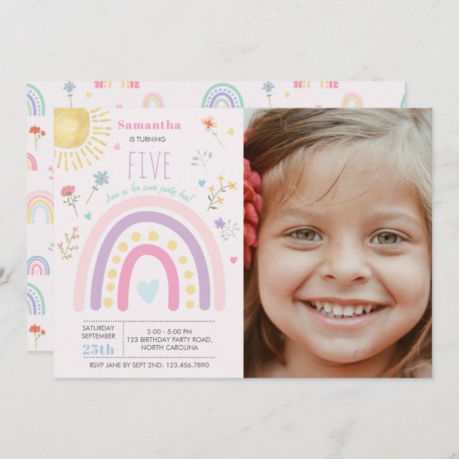 Pastel Rainbows Girly Wildflowers Birthday Photo Invitation (Front/Back)