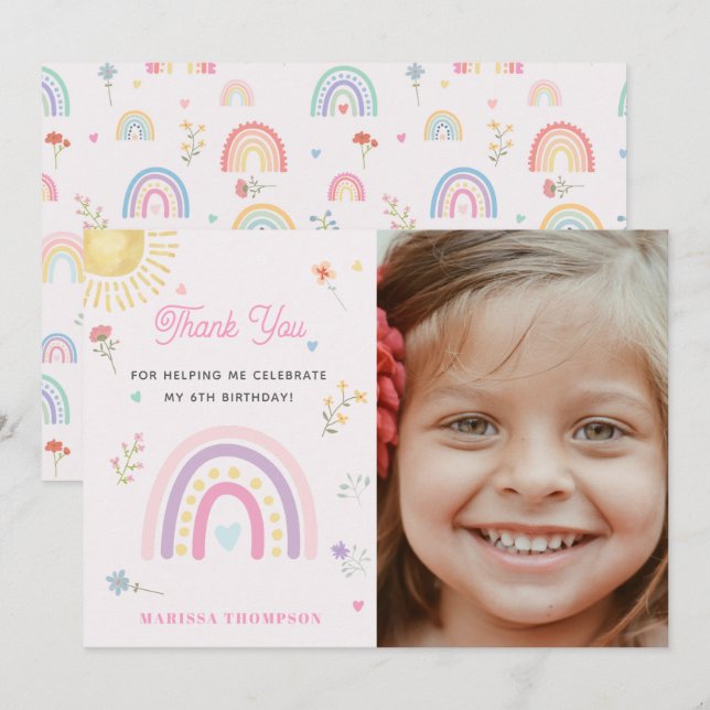 Pastel Rainbows Girly Wildflowers Birthday Photo Thank You Card (Front/Back)