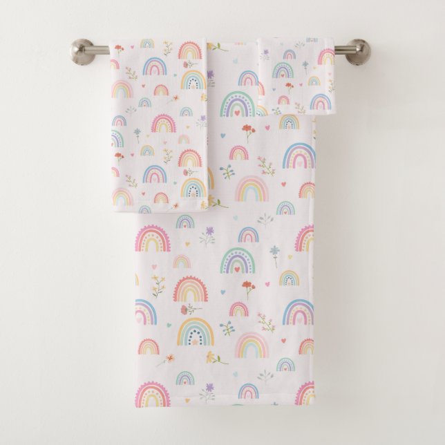 Pastel Rainbows Girly Wildflowers & Hearts Bath Towel Set (Insitu)