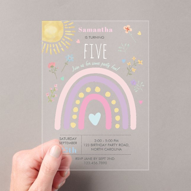 Pastel Rainbows Girly Wildflowers Hearts Birthday Acrylic Invitations (Insitu (Handheld))