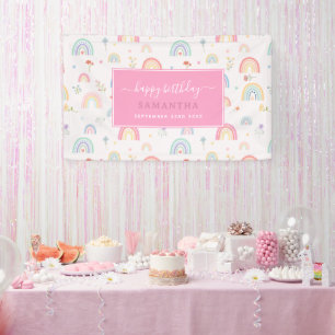 Pastel Rainbows Girly Wildflowers Hearts Birthday Banner