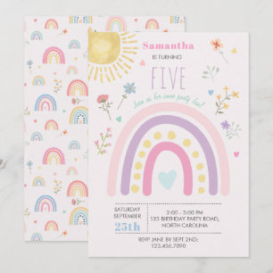 Pastel Rainbows Girly Wildflowers Hearts Birthday Invitation